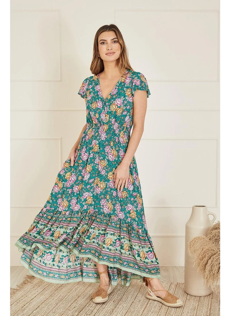 Yumi Festival Floral Print Ruched Waist Maxi Dress