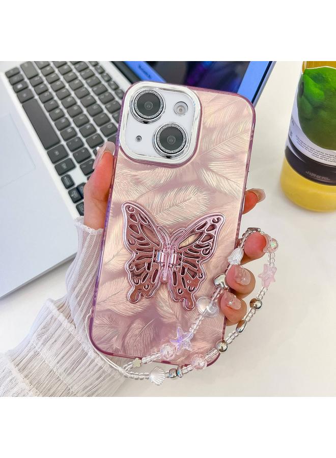 زبون جراب لهاتف iPhone 13 مع حزام معصم وغطاء عدسة لامع وملمس وحامل فراشة - Image 1