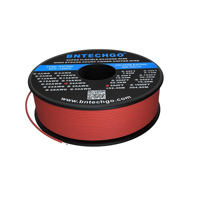 BNTECHGO 22 Gauge Silicone Wire Spool 500 ft Red Flexible 22 AWG Stranded Tinned Copper Wire - Image 2