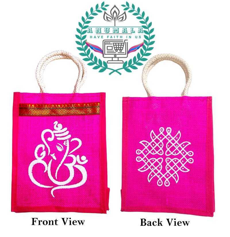 Anumala® Jute Bags with Contrast Ganesh And Kolam Art | Thamboolam And Jute Bags|Wedding And Birthday Return Gifts|Event Return Gifts Bag|Multicolor (10x8x4) inches - Image 4
