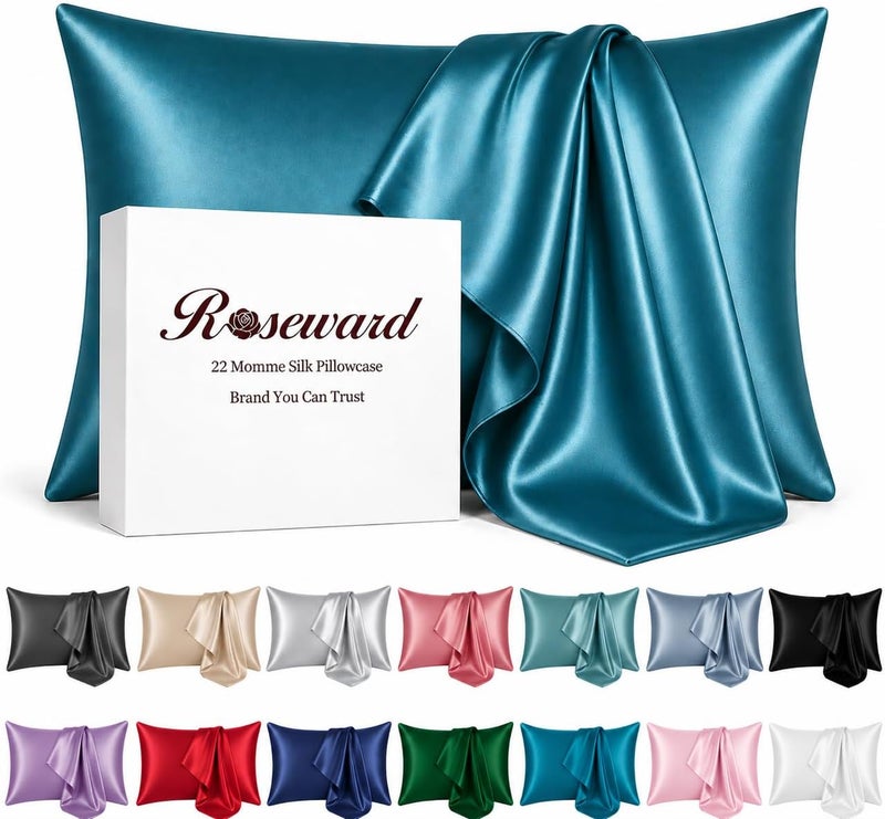 ROSEWARD 100% Silk Pillowcase Peacock, Certified 6A Grade 22 Momme Mulberry Silk Pillow Case for Women Hair and Skin Protection, Anti Face Wrinkle, 1 Pc 20"x26" (Standard, Peacock Blue) - Image 1
