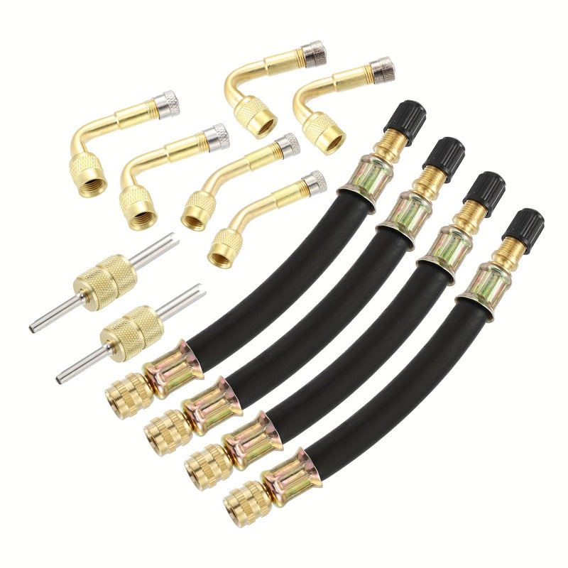 4 Pack 130Mm Black Curved Tube Nozzle With Mesh Cap 2 Of Each Degree Angle Double Headed Golden Aluminum Tire Valve Stem Extension 5 1 Inch Double Extension Tube 2 Valve Core Removal Tools 6 Valve Stem Extension Adapters 45 90 135 Degrees