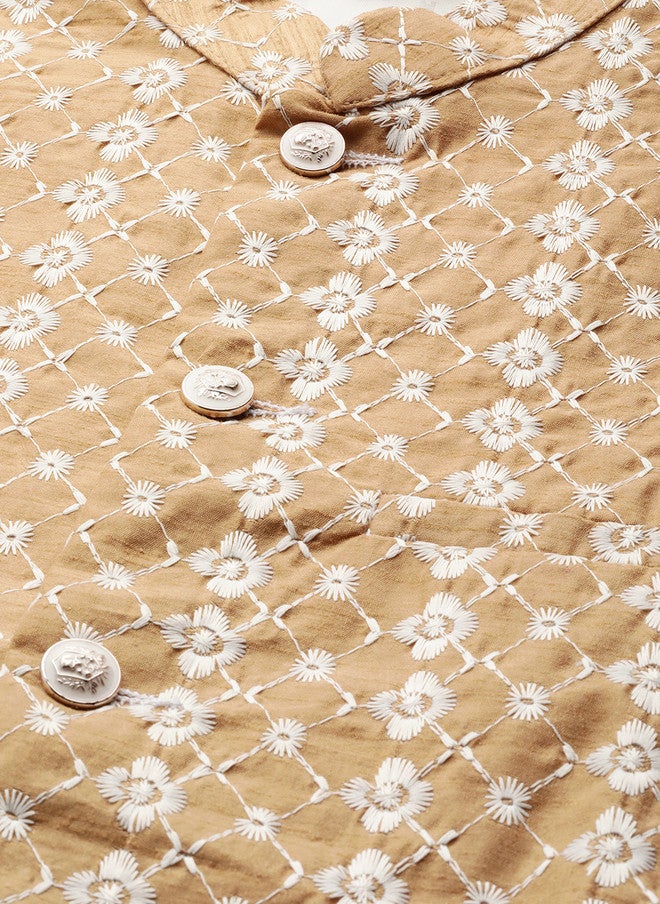 Sojanya Beige & White Chikankari Embroidered Nehru Jacket - Image 2