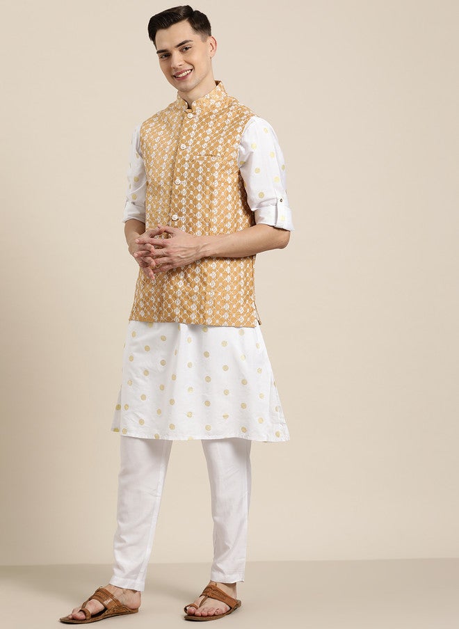 Sojanya Beige & White Chikankari Embroidered Nehru Jacket - Image 1