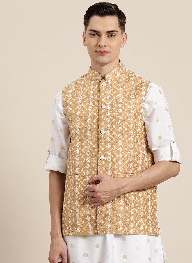 Sojanya Beige & White Chikankari Embroidered Nehru Jacket - Image 3
