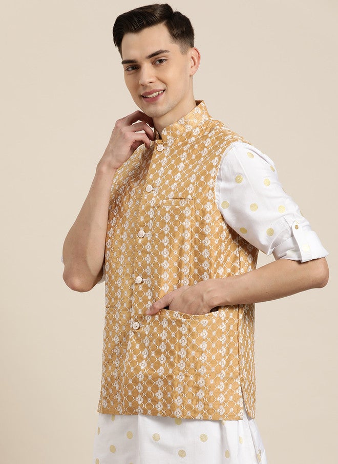 Sojanya Beige & White Chikankari Embroidered Nehru Jacket - Image 4
