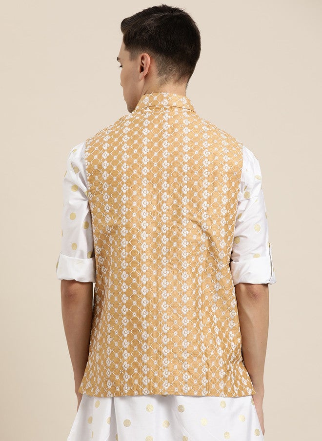 Sojanya Beige & White Chikankari Embroidered Nehru Jacket - Image 5
