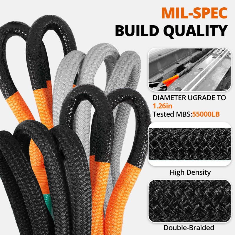 HOKINETY Kinetic Recovery Tow Rope: 1.26" x 30ft Snatch Strap with Soft Shackles Heavy Duty Offroad Towing Straps Kit for Trucks SUV UTV ATV Tractor Car Jeep - Black - Image 2