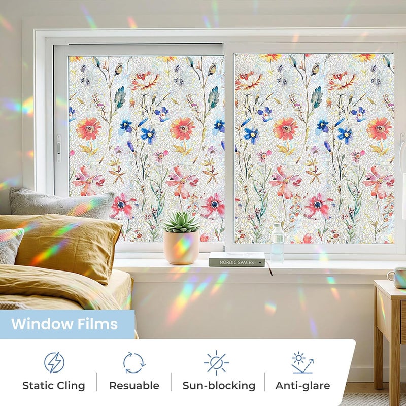 ADD.HERES Window Privacy Film Home Room Bathroom Spring Decor Car Decorations, Stained Glass Window Film, Static Cling Window Film, Window Tint，Rainbow Window Film (Blush Wildflower, 17.5" x 78.7") - Image 2