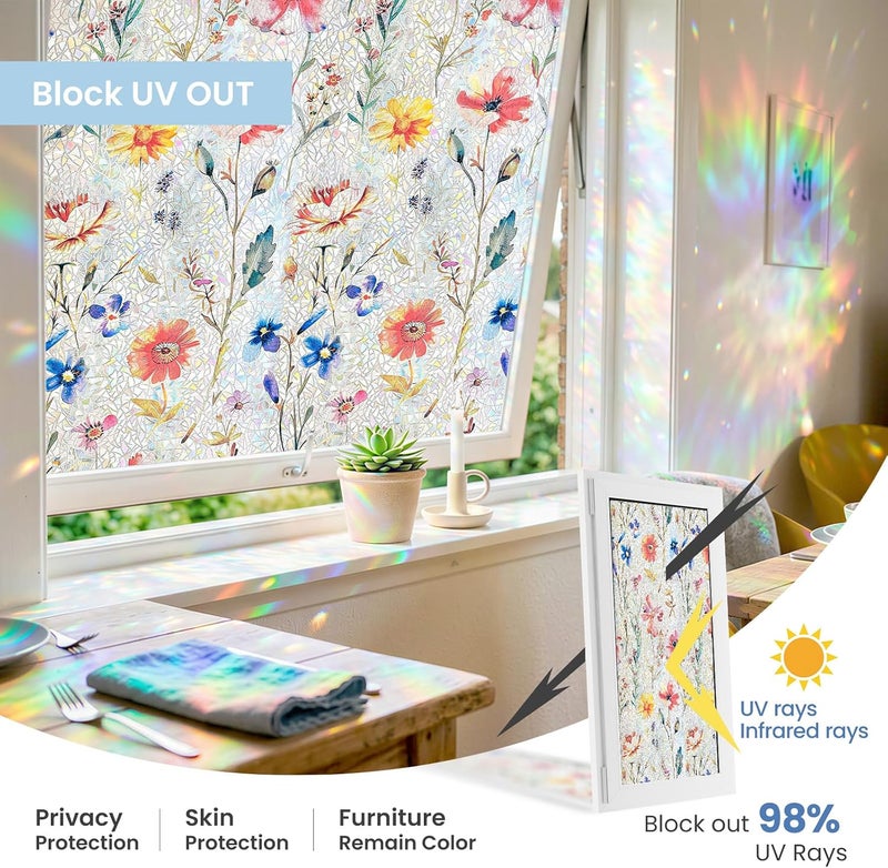 ADD.HERES Window Privacy Film Home Room Bathroom Spring Decor Car Decorations, Stained Glass Window Film, Static Cling Window Film, Window Tint，Rainbow Window Film (Blush Wildflower, 17.5" x 78.7") - Image 3