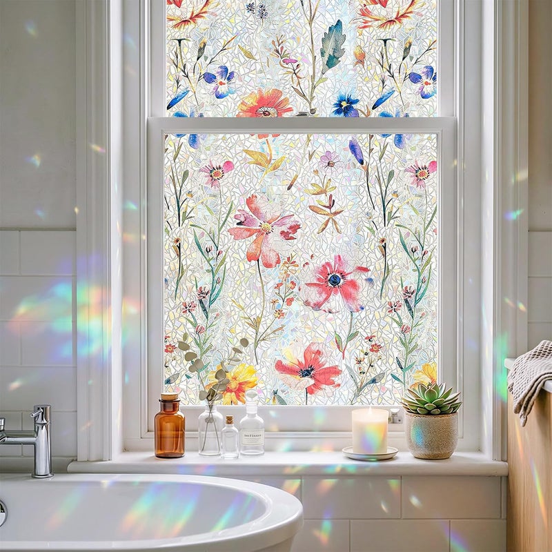 ADD.HERES Window Privacy Film Home Room Bathroom Spring Decor Car Decorations, Stained Glass Window Film, Static Cling Window Film, Window Tint，Rainbow Window Film (Blush Wildflower, 17.5" x 78.7") - Image 1