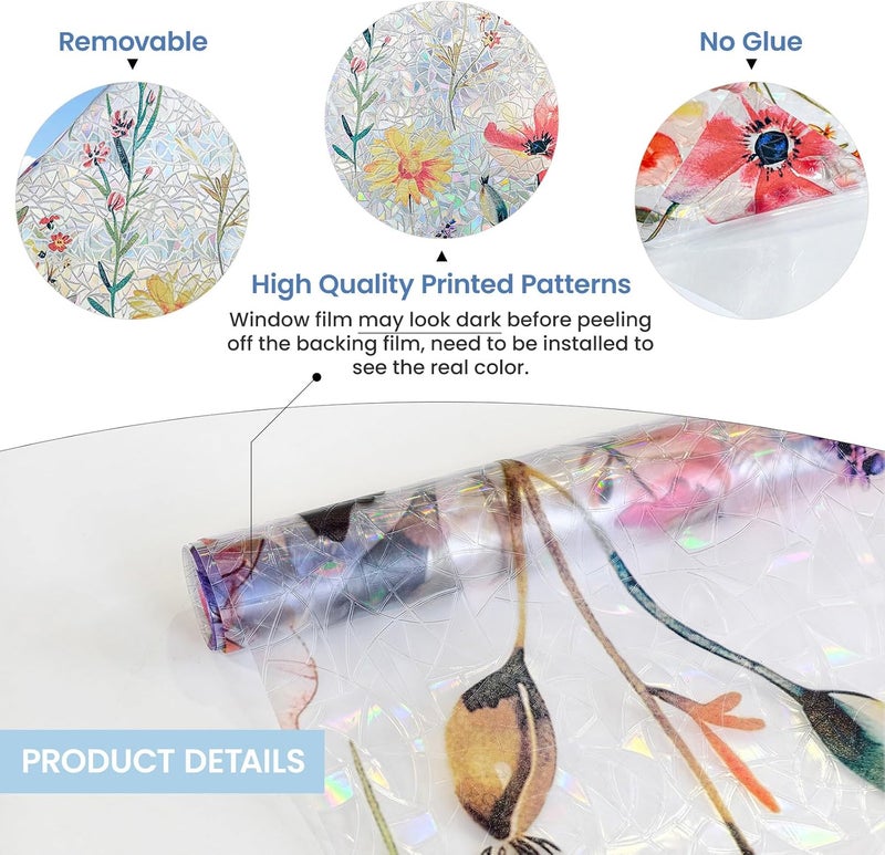 ADD.HERES Window Privacy Film Home Room Bathroom Spring Decor Car Decorations, Stained Glass Window Film, Static Cling Window Film, Window Tint，Rainbow Window Film (Blush Wildflower, 17.5" x 78.7") - Image 5
