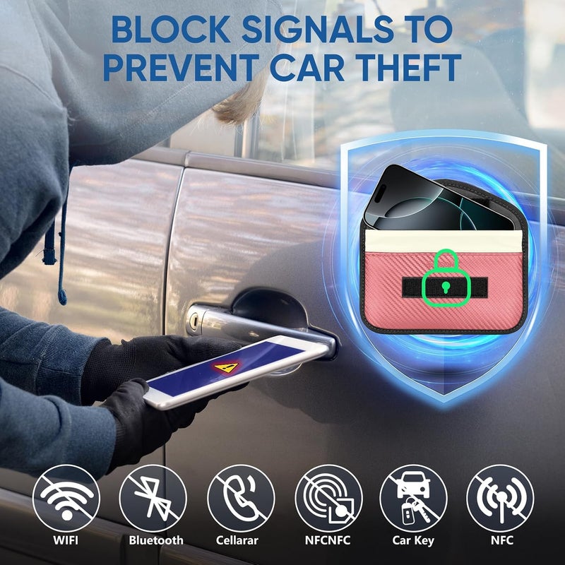 تيكون حقيبة فاراداي 2PK لمفتاح السيارة، 7.75 × 4.25 بوصة حماية قفص فاراداي، حجب إشارات RFID للسيارة، حقيبة مضادة للسرقة وعلبة مضادة للاختراق (وردي، L) - Image 3