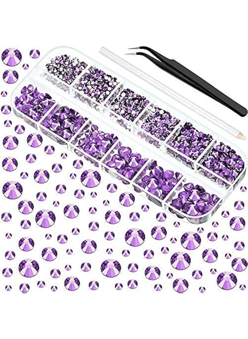 TecUnite - 2000 Pieces Resin Flat Back Rhinestone 1.5 mm 2 mm 2.5 mm 3 mm 4.5 mm 6 mm with Pick up Tweezer and Rhinestones Picking Pen for Nail Face Art Clothes Shoes Bags Crafts DIY (Purple) - Image 1