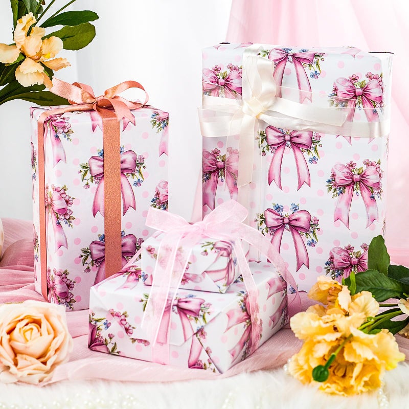 MAYPLUSS Pink Bow Wrapping Paper Roll, Girl Birthday Wrapping Paper, Reversible Girly Feminine Pink Gift Wrap with Bow Print for Baby Shower, Christmas, Valentine's Day, Mother's Day (17 In X 33 Ft) - Image 2