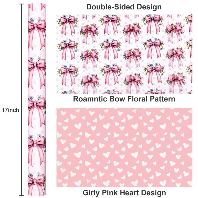 MAYPLUSS Pink Bow Wrapping Paper Roll, Girl Birthday Wrapping Paper, Reversible Girly Feminine Pink Gift Wrap with Bow Print for Baby Shower, Christmas, Valentine's Day, Mother's Day (17 In X 33 Ft) - Image 4