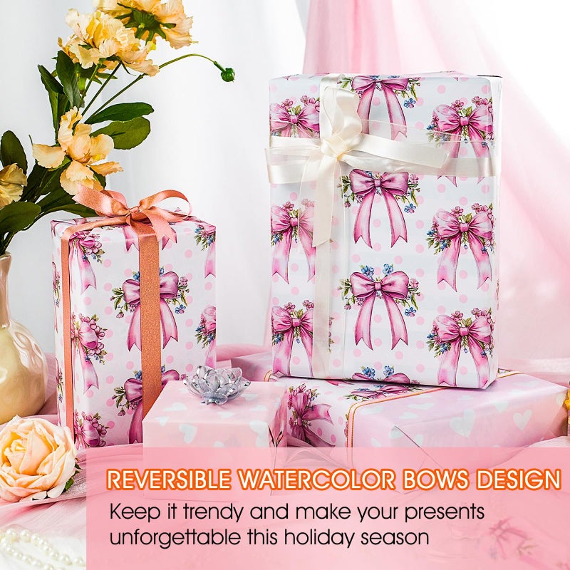 MAYPLUSS Pink Bow Wrapping Paper Roll, Girl Birthday Wrapping Paper, Reversible Girly Feminine Pink Gift Wrap with Bow Print for Baby Shower, Christmas, Valentine's Day, Mother's Day (17 In X 33 Ft) - Image 3