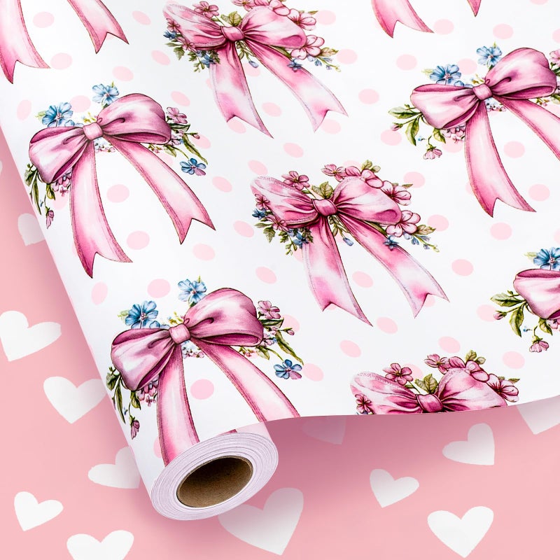 MAYPLUSS Pink Bow Wrapping Paper Roll, Girl Birthday Wrapping Paper, Reversible Girly Feminine Pink Gift Wrap with Bow Print for Baby Shower, Christmas, Valentine's Day, Mother's Day (17 In X 33 Ft) - Image 1