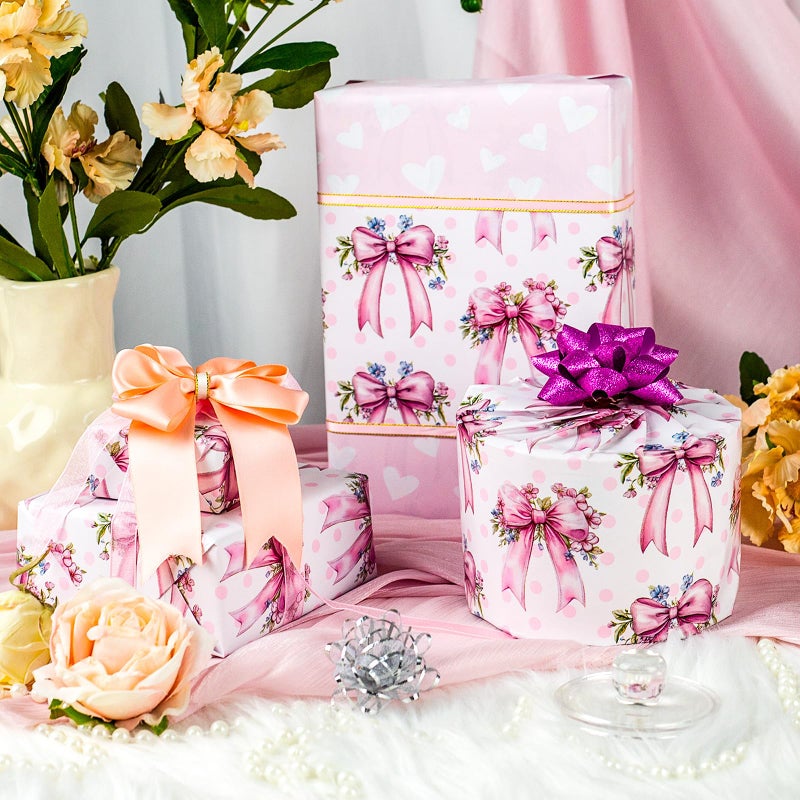MAYPLUSS Pink Bow Wrapping Paper Roll, Girl Birthday Wrapping Paper, Reversible Girly Feminine Pink Gift Wrap with Bow Print for Baby Shower, Christmas, Valentine's Day, Mother's Day (17 In X 33 Ft) - Image 5