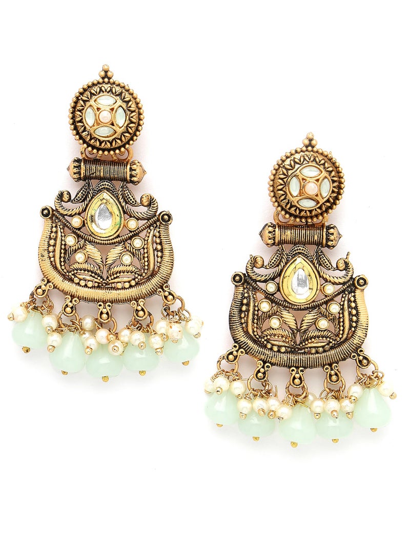 Karatcart Antique Gold Plated Light Green Drops Studded Dangler Earrings for Women - Image 1