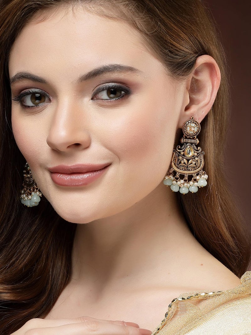Karatcart Antique Gold Plated Light Green Drops Studded Dangler Earrings for Women - Image 3