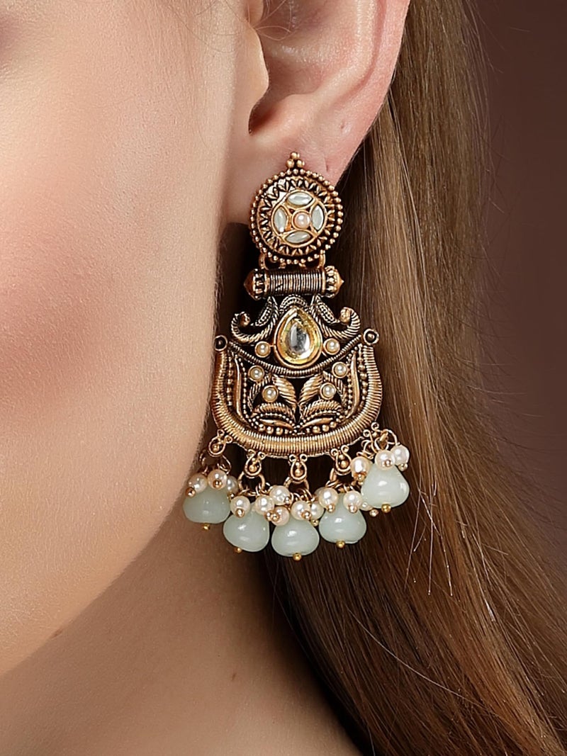 Karatcart Antique Gold Plated Light Green Drops Studded Dangler Earrings for Women - Image 2
