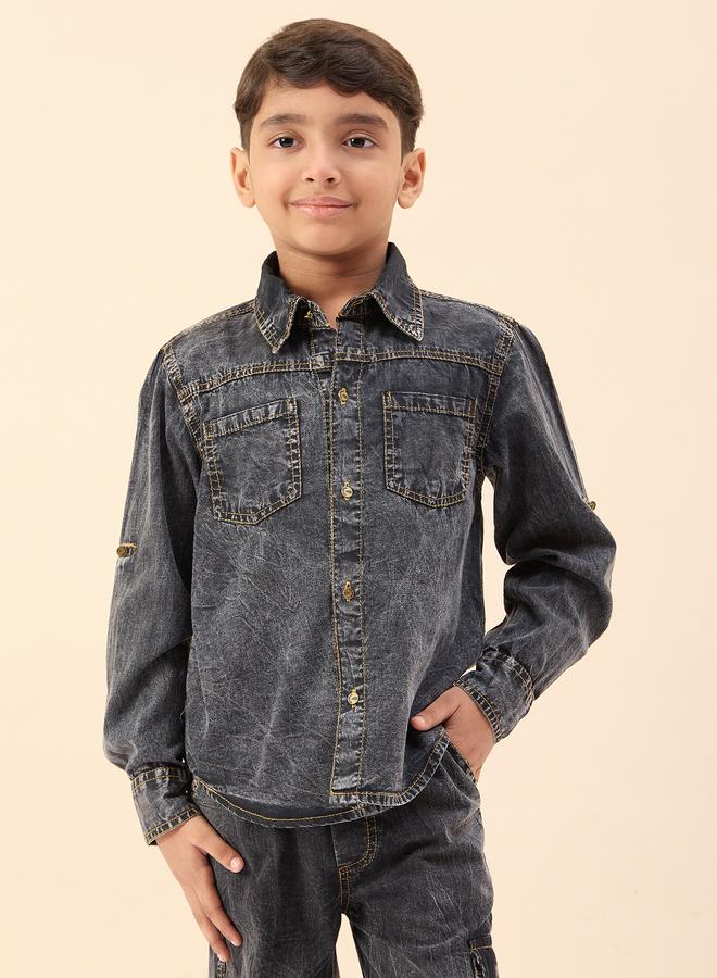 Stylo Bug Boys Black Cotton Denim Shirt - Image 1