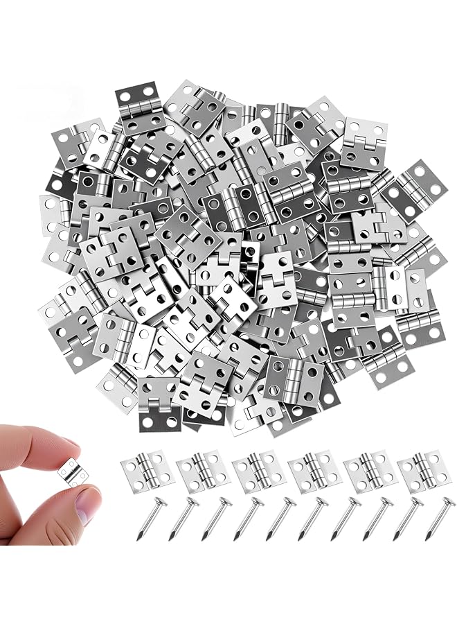 S-TOP Mini Hinges for Crafts, 100 Pack Small Metal Hinges with 400 Screws, 0.3 x 0.4 Inch Silver Tiny Hinge, 180 Degree Cabinet Hardware for Dollhouse, DIY Wood Jewelry Box Connector, Miniature Furniture - Image 1