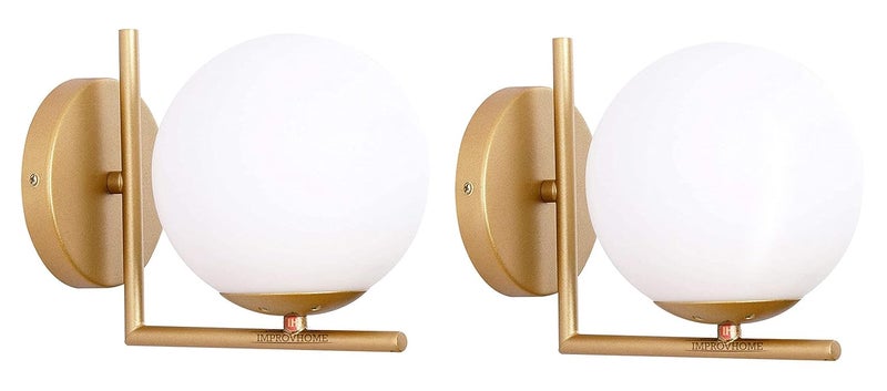 Improvhome Set of 2 Wall Sconce Lighting White Glass Globe 60 Watts Gold Wall Lamp MidCentury Modern Style Light Fixture for Bedroom Living Room - Image 1