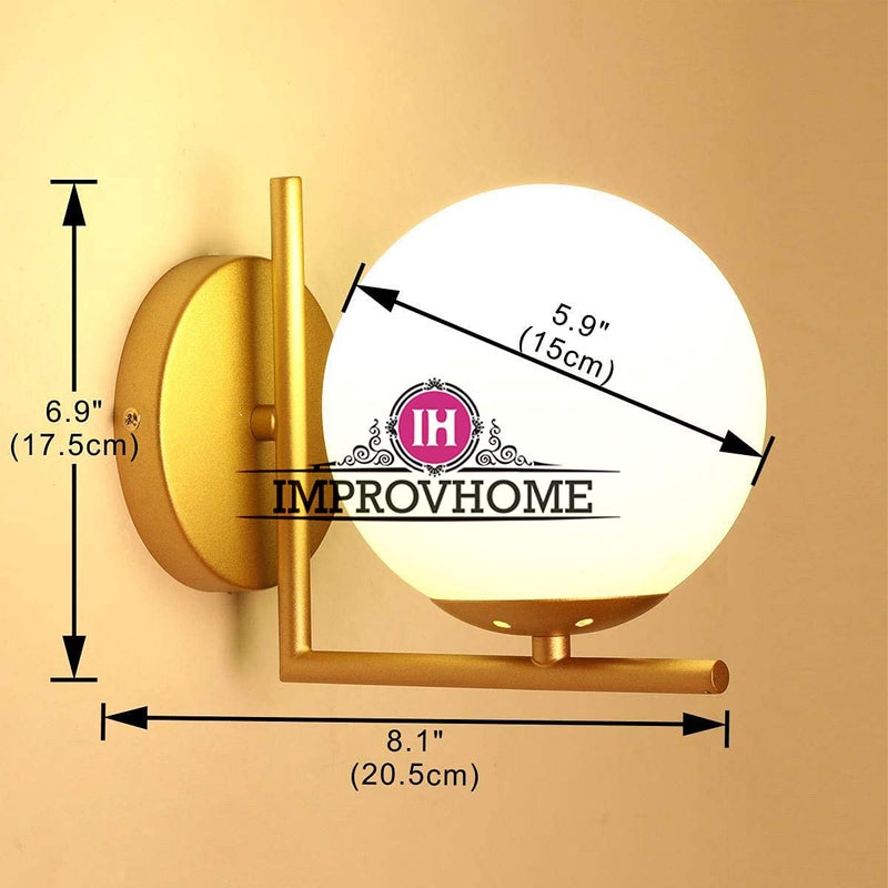 Improvhome Set of 2 Wall Sconce Lighting White Glass Globe 60 Watts Gold Wall Lamp MidCentury Modern Style Light Fixture for Bedroom Living Room - Image 4