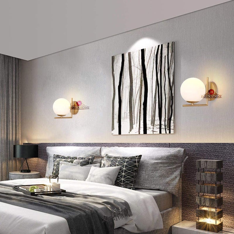 Improvhome Set of 2 Wall Sconce Lighting White Glass Globe 60 Watts Gold Wall Lamp MidCentury Modern Style Light Fixture for Bedroom Living Room - Image 5