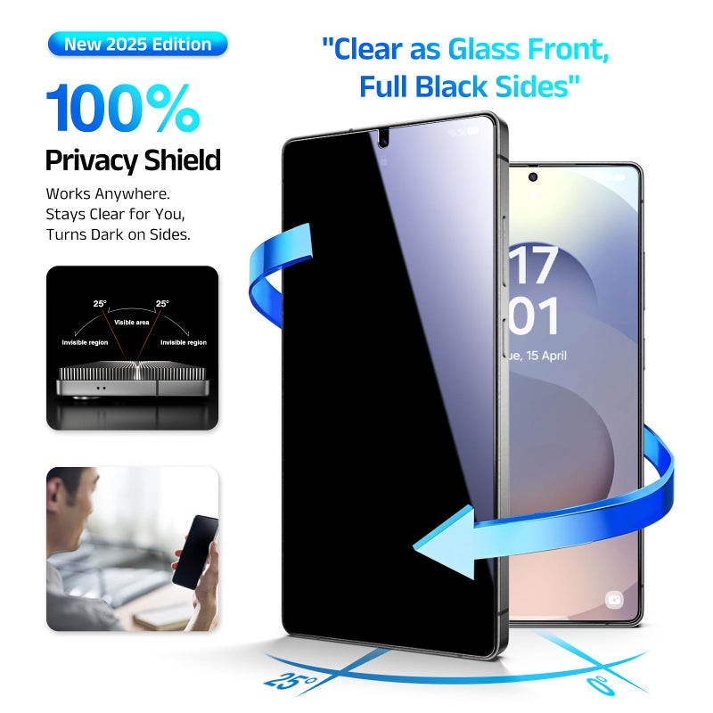EZ-GLAZ-4 Pack for Galaxy S25 Ultra [6.9"] Privacy Screen Protector, 100% Fingerprint Unlock, 9H+ Hardness Military Grade Shatterproof Long Durable Tempered Glass Film with Flawless Fit Box, Scratch Resistant - Image 2