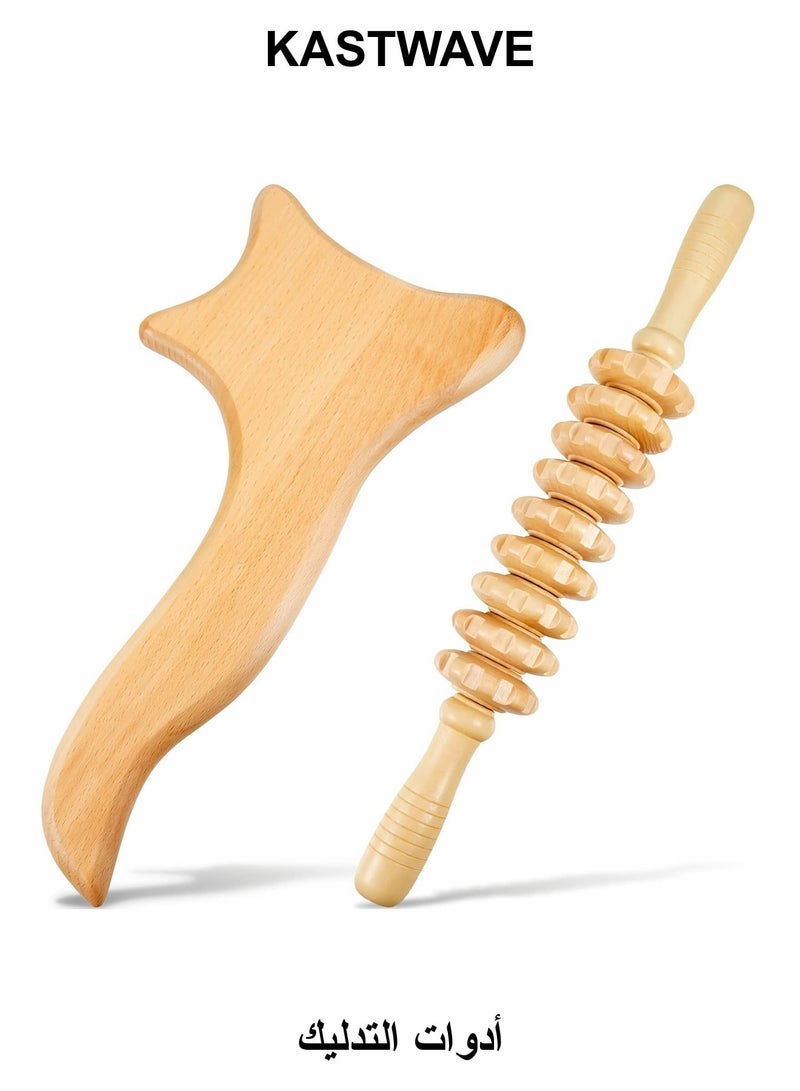 KASTWAVE 2 Pieces Wood Massage Tools Gua Sha Board Handheld Wooden Scraper Massage Rollers - Image 1