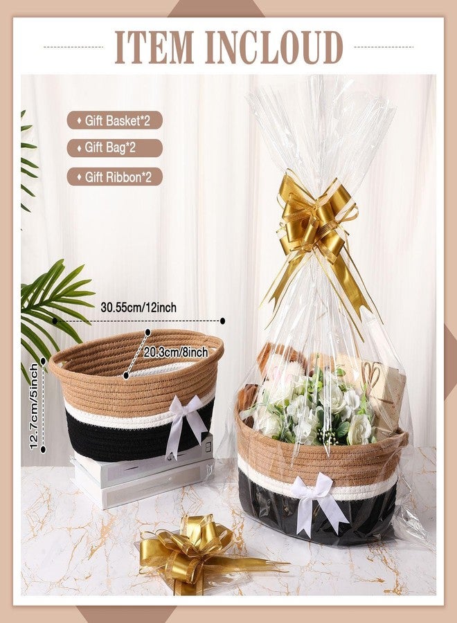 Colingmill 2 Pack Graduation Woven Gift Basket Empty with Ribbon Bow, 12''x8''x5'' Chest Box with Gift Bags Candy Baskets with Handle for Mother's Day Wedding Birthday Decor(Black, Khaki - Image 2