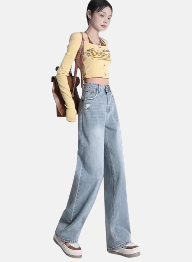 YUNIQEE Blue Straight Fit High-Rise Low Distress Light Fade Jeans - Image 1