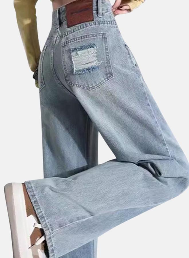 YUNIQEE Blue Straight Fit High-Rise Low Distress Light Fade Jeans - Image 2