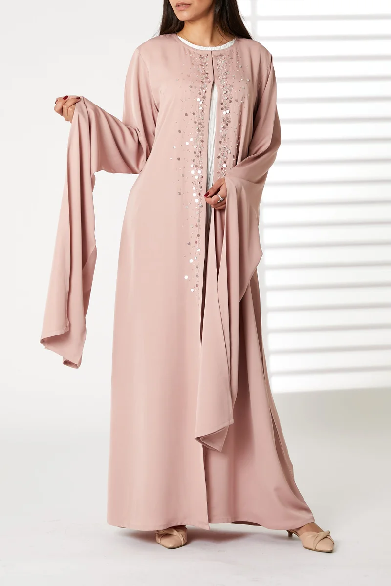 Moistreet Embroidered Round Neck Split Cuffs  Abaya