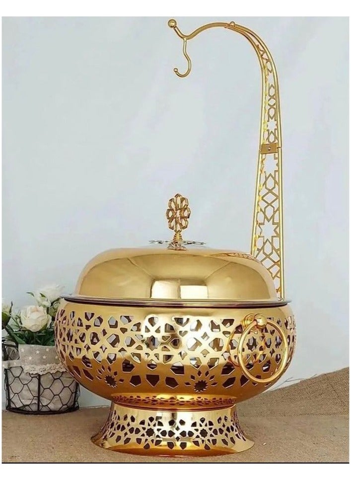 Round Marble Buffet Warmer with Lid and Stand, Luxury Design, Gold - Image 1