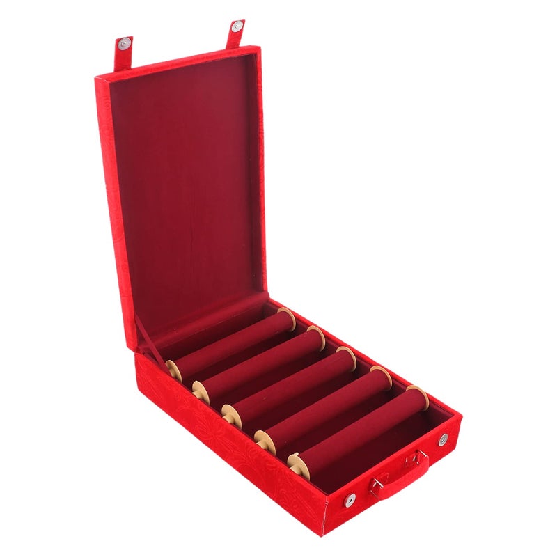 Kuber Industries Kuber Industries Wooden Flower Print 5 Rod Bangle Box|Chudi Box And 2 Magnetic Buckle With Removable Rod & Handle (Red)  - Image 2