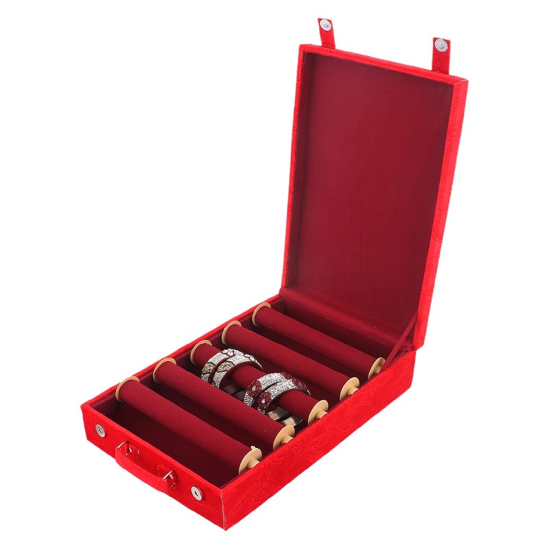 Kuber Industries Kuber Industries Wooden Flower Print 5 Rod Bangle Box|Chudi Box And 2 Magnetic Buckle With Removable Rod & Handle (Red)  - Image 3