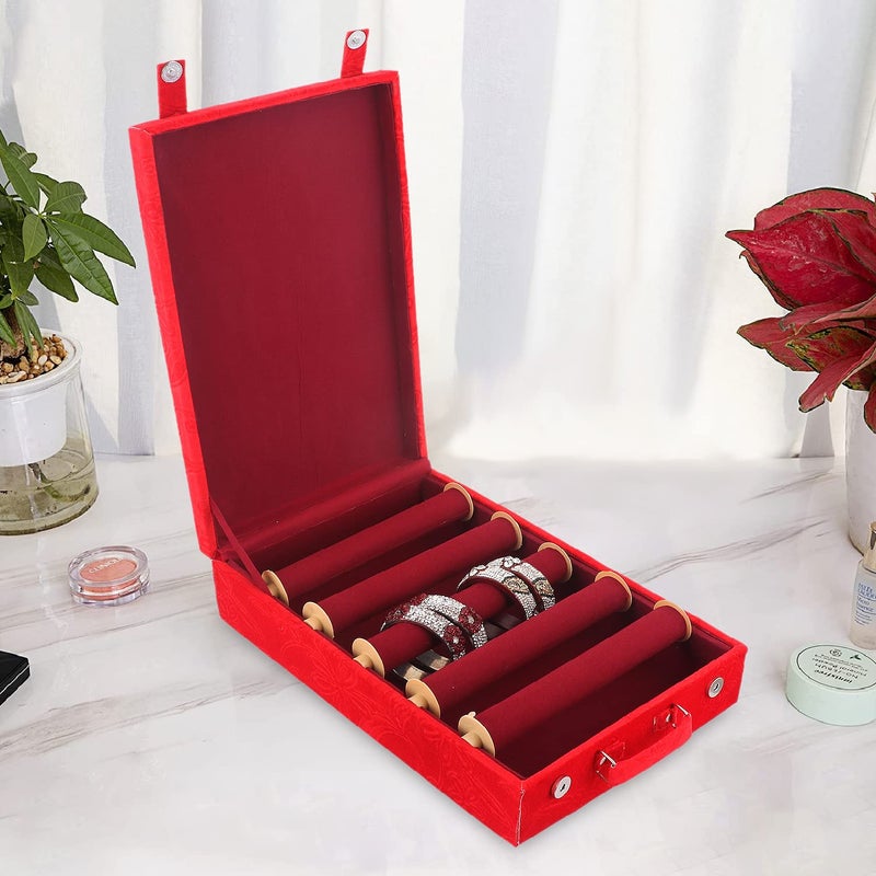 Kuber Industries Kuber Industries Wooden Flower Print 5 Rod Bangle Box|Chudi Box And 2 Magnetic Buckle With Removable Rod & Handle (Red)  - Image 5