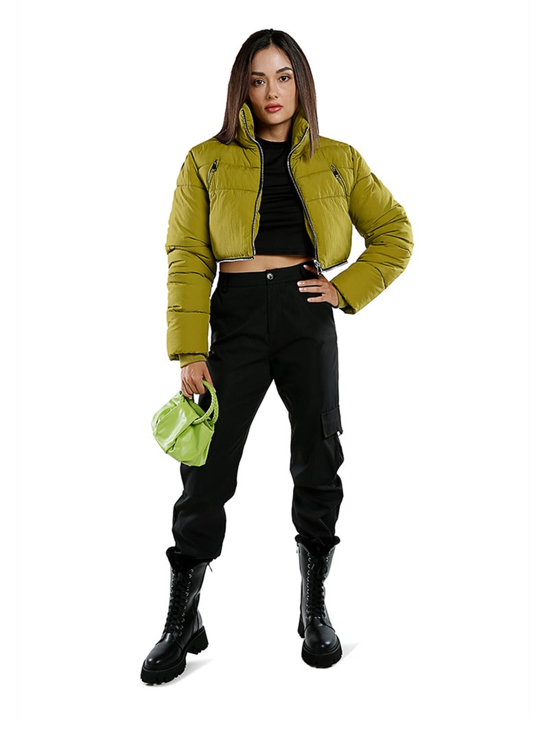 London Rag Dark Olive Cropped Detachable Turtleneck Puffer Jacket - Image 4
