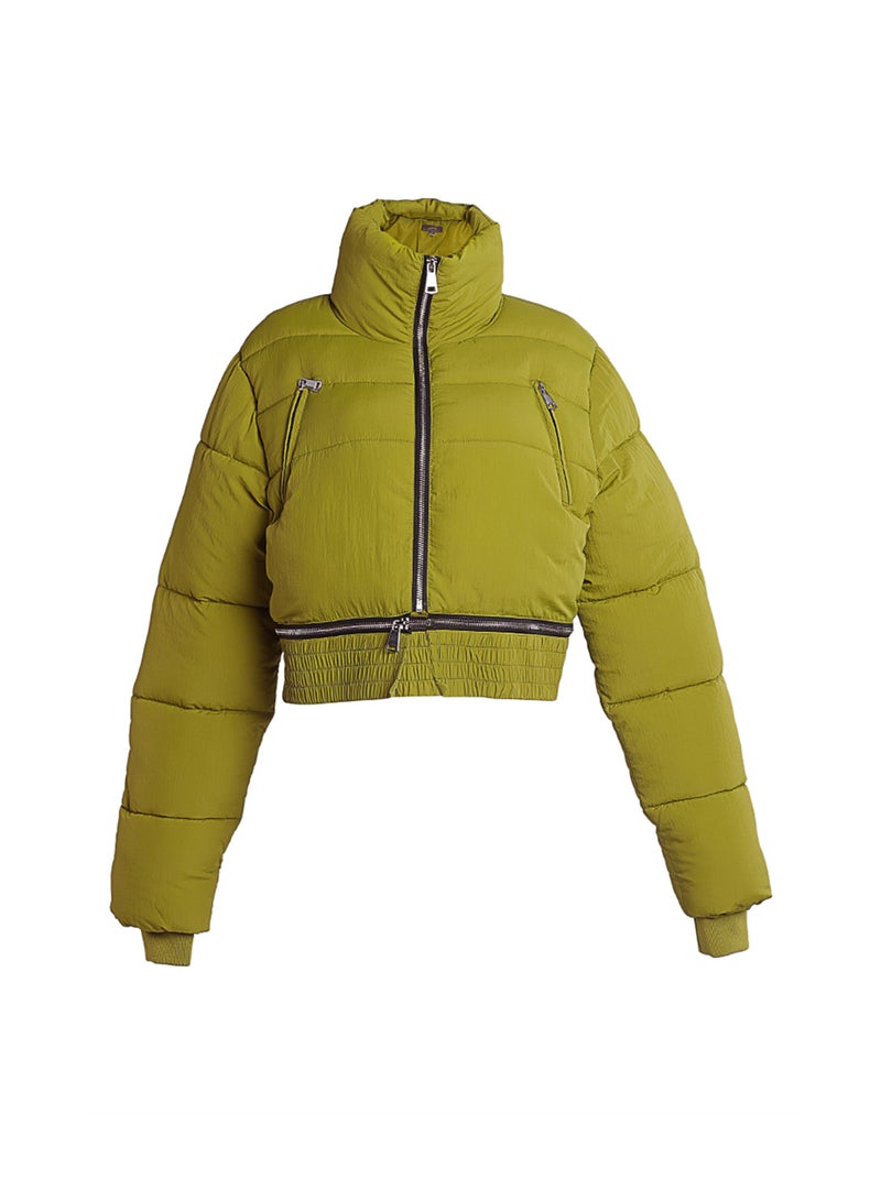 سترة منفوخة قصيرة قابلة للفصل ذات ياقة مدورة بلون زيتوني داكن