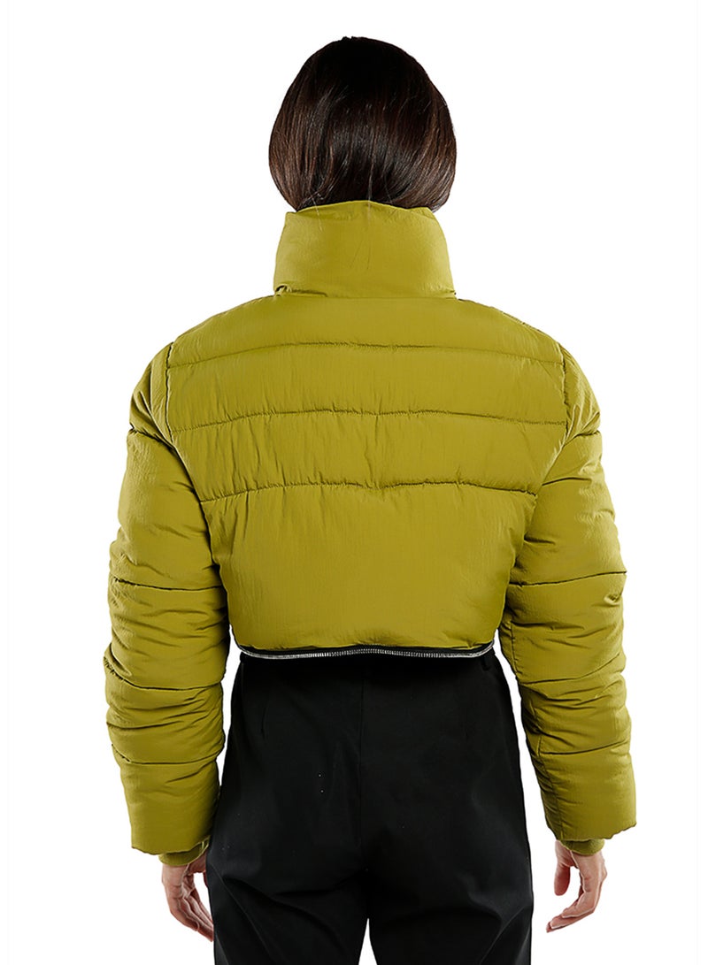 London Rag Dark Olive Cropped Detachable Turtleneck Puffer Jacket - Image 3