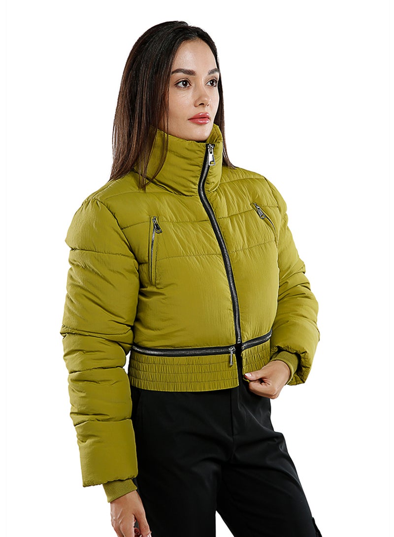 London Rag Dark Olive Cropped Detachable Turtleneck Puffer Jacket - Image 2
