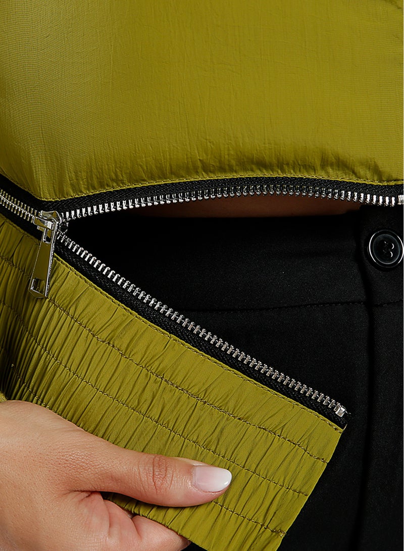 London Rag Dark Olive Cropped Detachable Turtleneck Puffer Jacket - Image 5