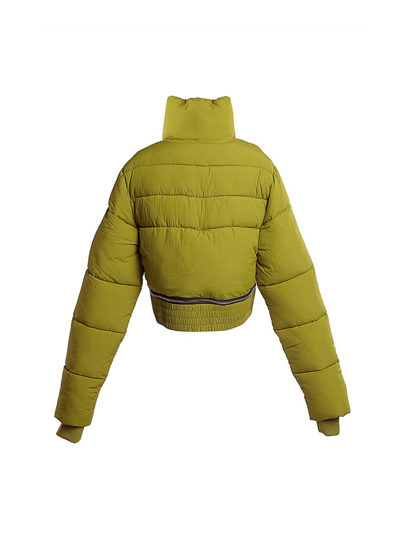 سترة منفوخة قصيرة قابلة للفصل ذات ياقة مدورة بلون زيتوني داكن