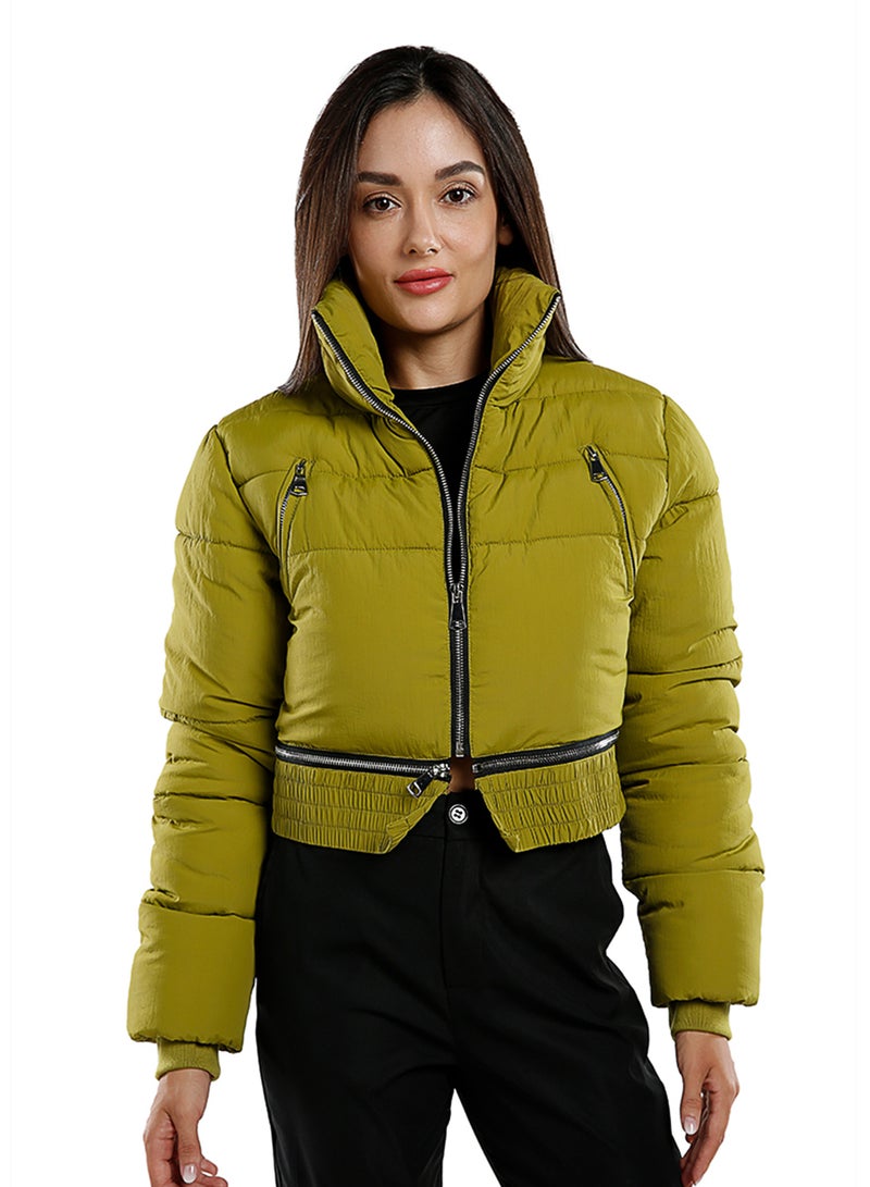 London Rag Dark Olive Cropped Detachable Turtleneck Puffer Jacket - Image 1