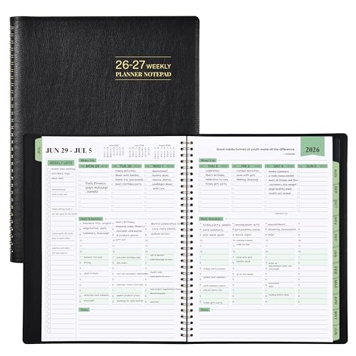 JOJOKALL 2026-2027 Planner - 11.38'' x 8.74'', Weekly & Monthly Planner Notepad, JUL. 2026 - JUN.2027, Appointment Book 2026-2027, 60 Minutes Interval, Monthly Tabs, Faux Soft Leather, Spiral Bound - Black - Image 1