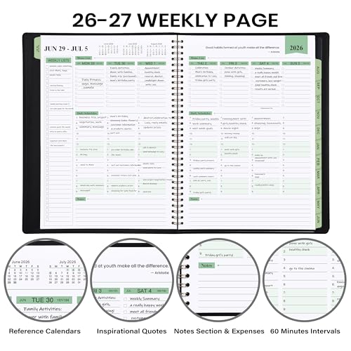 JOJOKALL 2026-2027 Planner - 11.38'' x 8.74'', Weekly & Monthly Planner Notepad, JUL. 2026 - JUN.2027, Appointment Book 2026-2027, 60 Minutes Interval, Monthly Tabs, Faux Soft Leather, Spiral Bound - Black - Image 3